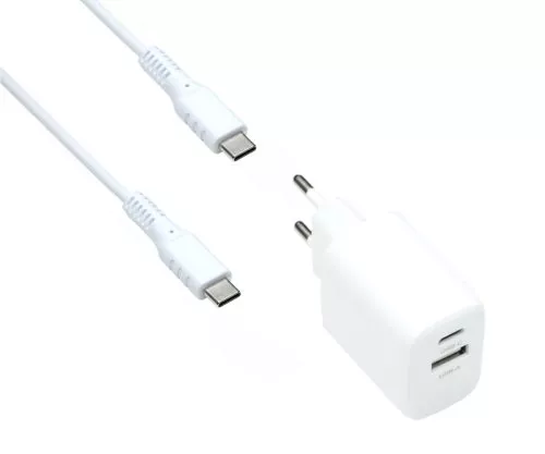 USB PD/QC 3.0 töltőadapter, C-C kábellel, fehér 20W, 3,6V~5,9V/3A; 6~9V/2A; 9V~12V/1,5A